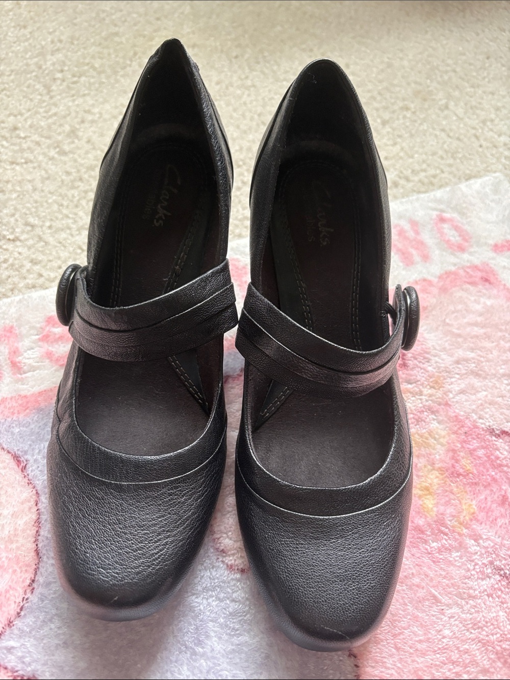 Clarks Black Leather Mary Jane Heels with Buckle Strap